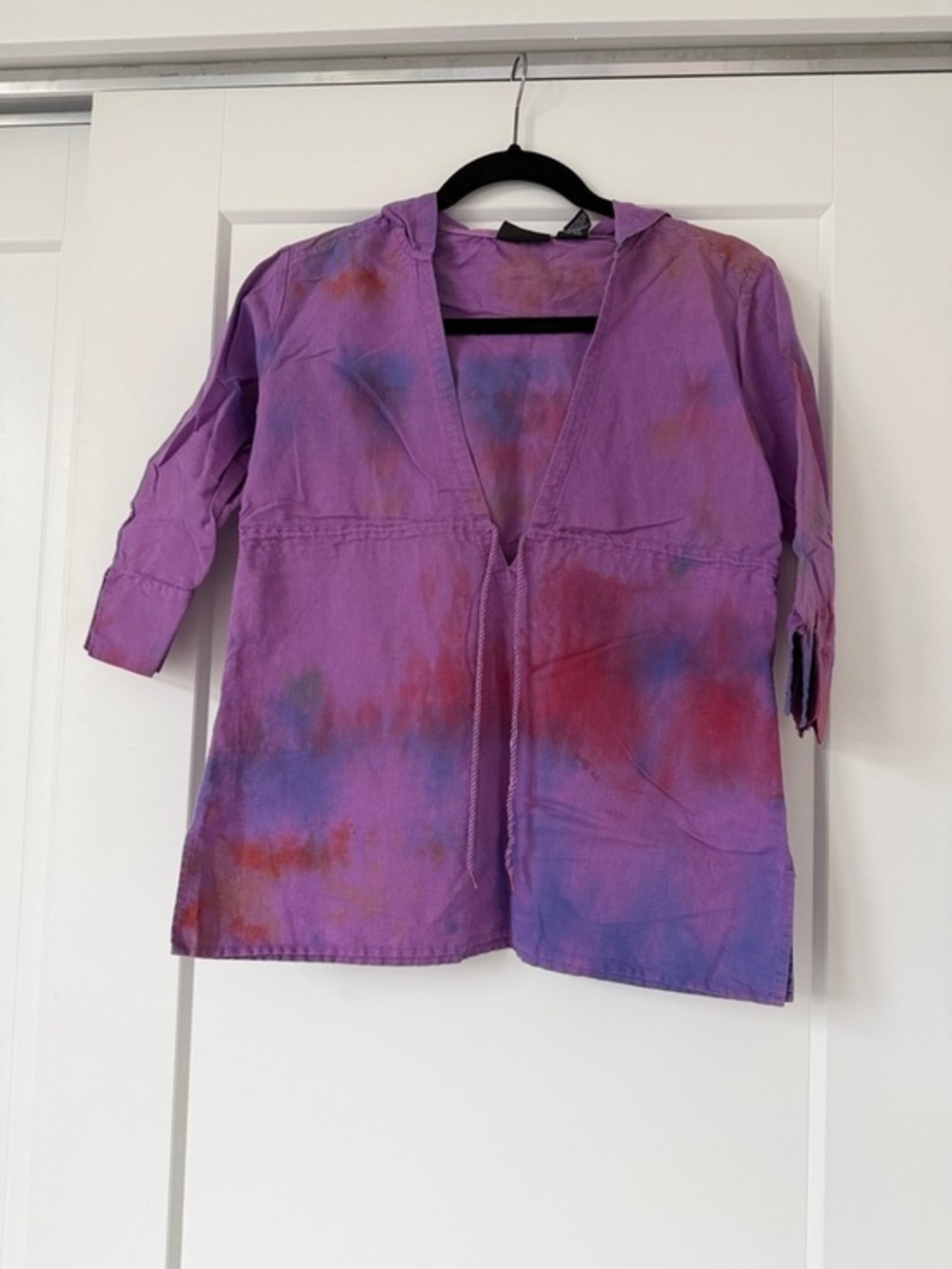 New York & Company Purple Tie-Dye Tunic Top with hoodie